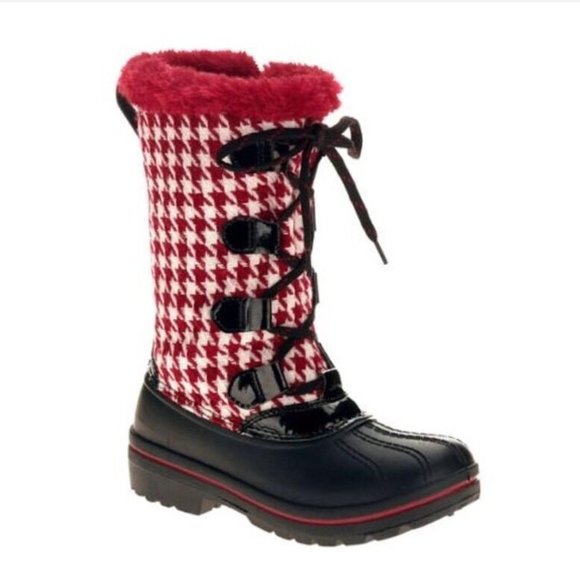 Ozark Trail 5 Big Girls Houndstooth Faux Fur Trimmed Winter Boots in Red - Black - Picture 1 of 4